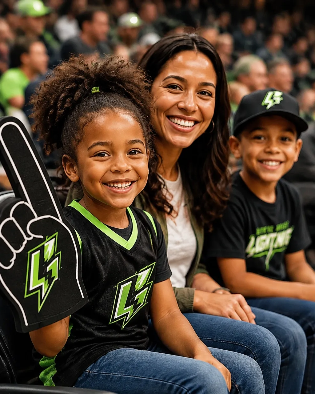 A family smiling together courtside at a Little Rock Lightning game