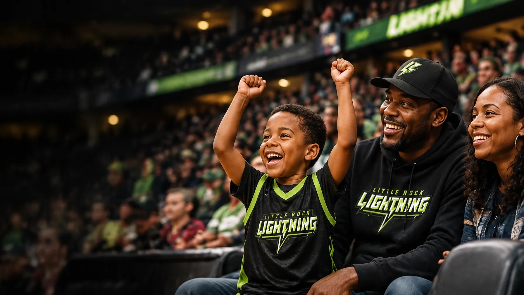 A young Little Rock Lightning fan cheering with his family at a basketball game